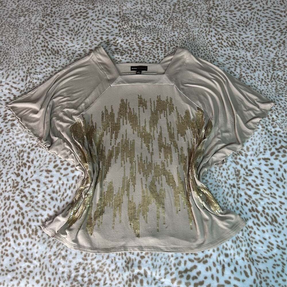 Dana Buchman Blouse Size L Tan Gold Sequin Kaftan Cap Sleeve